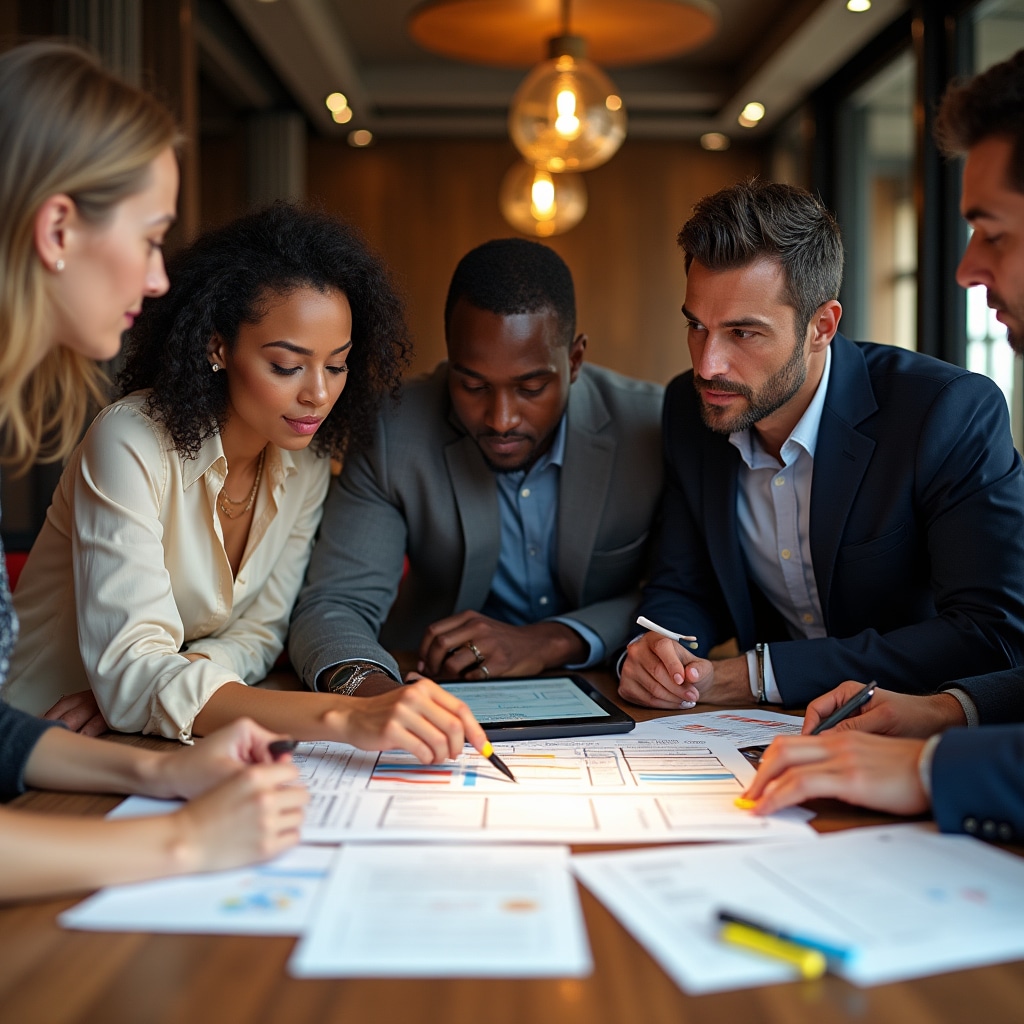 Small professional team collaborating on project planning with strategic documents and planning materials on conference table
