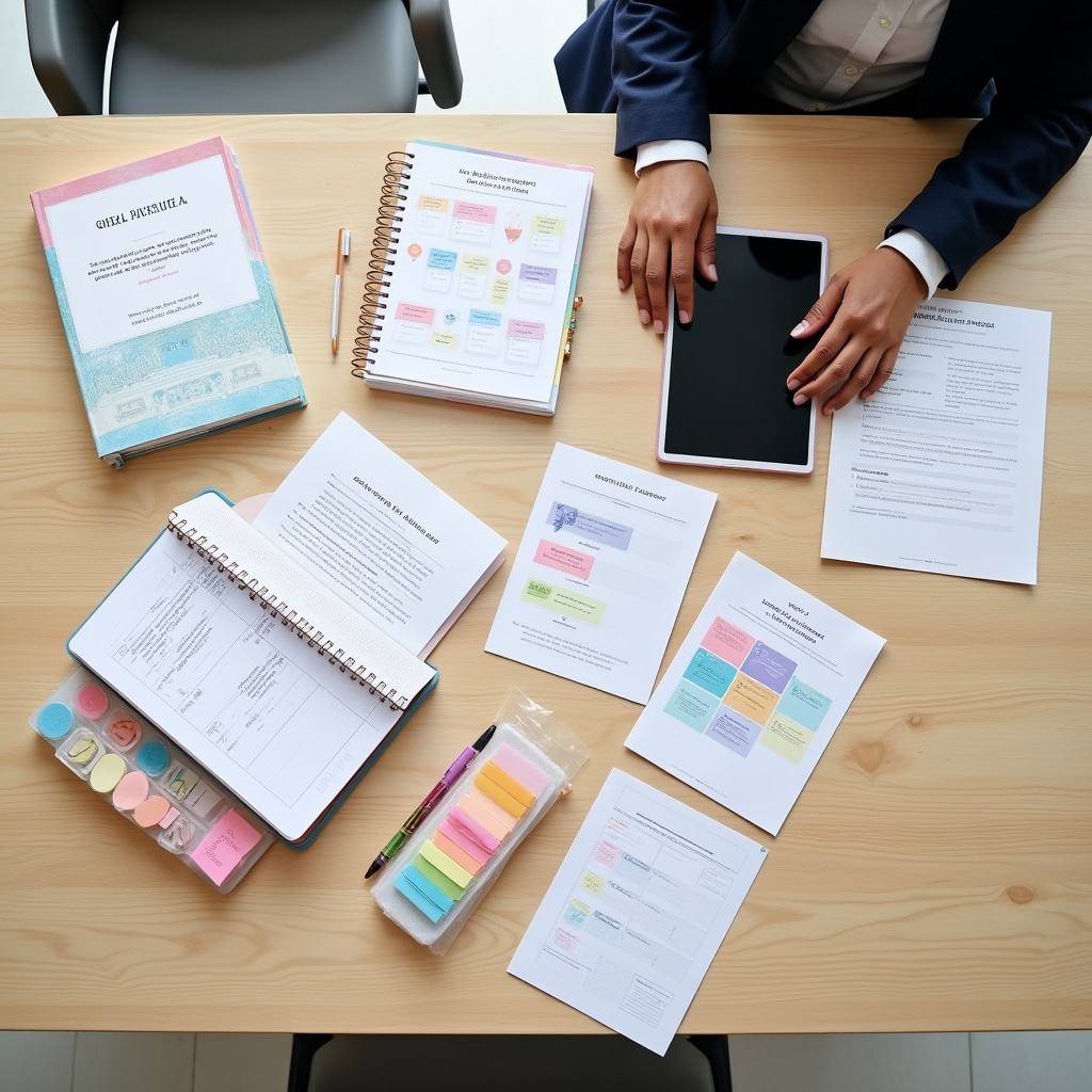 Workshop training materials and productivity planning tools arranged on table with notebooks and reference guides