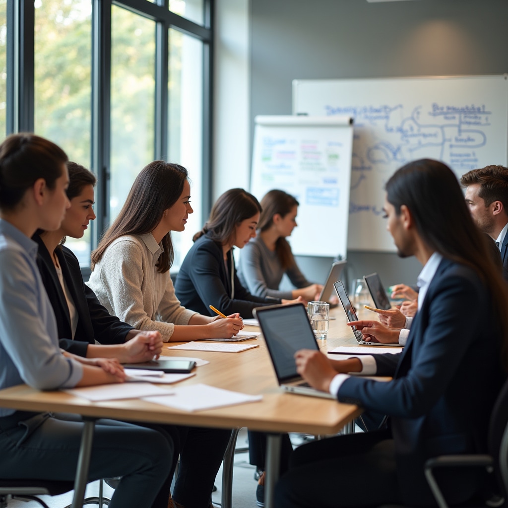 Professionals working in focused workshop session with notebooks and digital tools